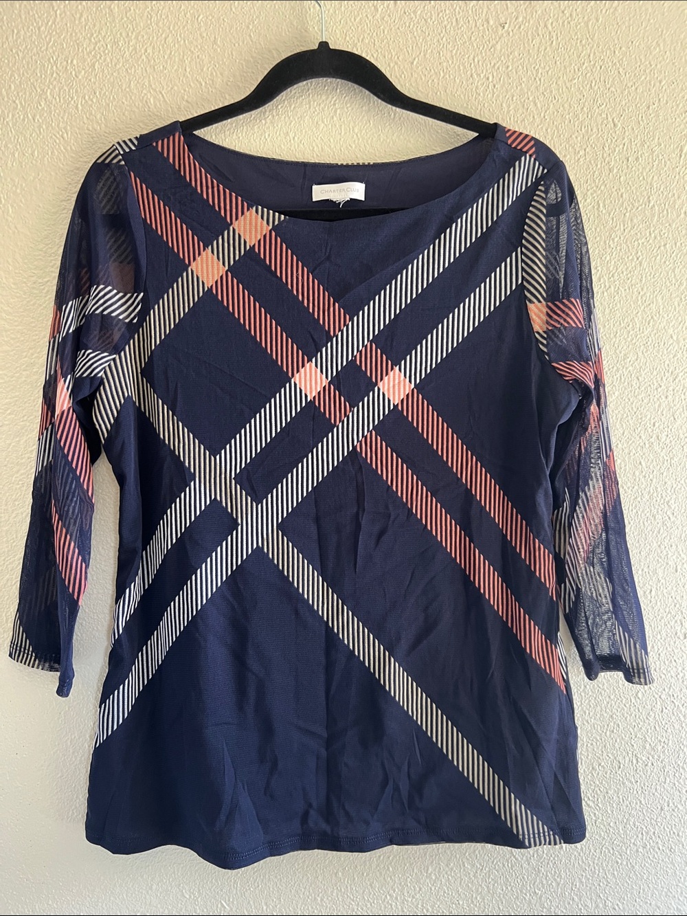 Charter Club Navy Plaid Boatneck Mesh 3/4 sleeve Top, size M